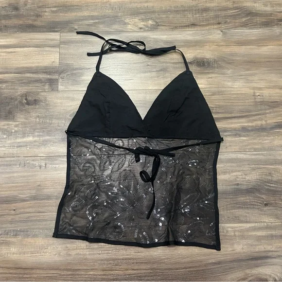 Black Sequin Halter Mesh Tank Top - Picture 4 of 4